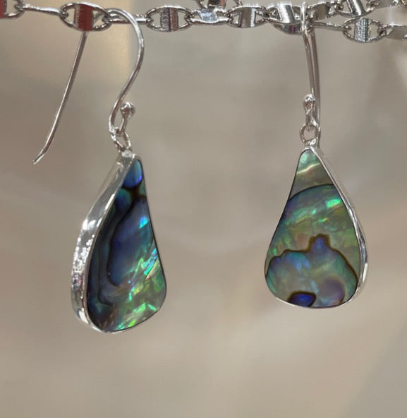 Abalone Sterling Silver pierced drop earrings. The abalone is genuine, bluey blue with green. Will match anything. The shape is like that of an oblong tear drop, very unique.. 
