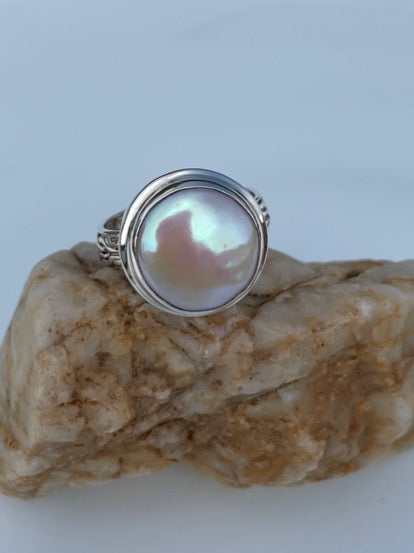 Sterling Silver Coin Pearl Ring