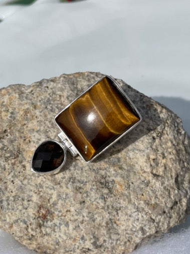 Square Tiger-eye and teardrop Smoky Quartz 1.5" Pendant set in Sterling Silver - one of a kind