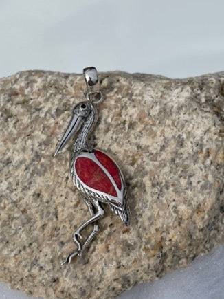 Sterling Silver and Coral Stork Pendant