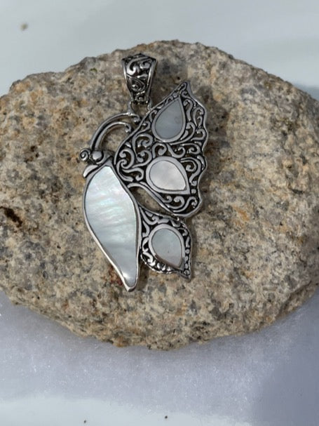 Sterling Silver Abalone or Mother of Pearl or Red Coral Butterfly Pendant