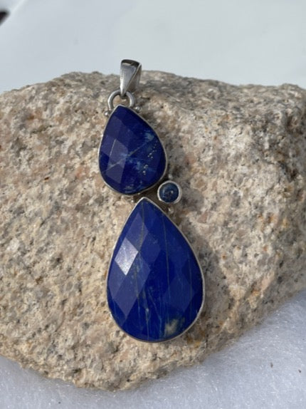 Faceted Double Teardrop Lapis Lazuli Silver Pendant one of a kind