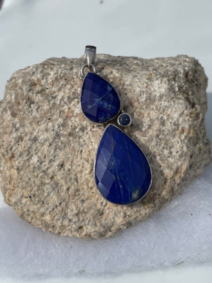 Faceted Double Teardrop Lapis Lazuli Silver Pendant one of a kind