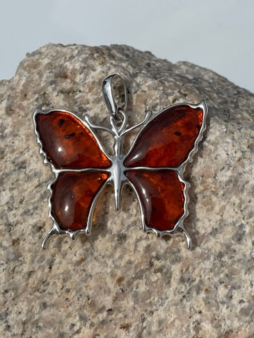 Sterling Silver Cognac Amber Butterfly Pendant