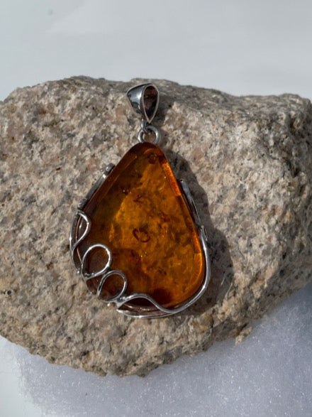 Large Amber Sterling popular Silver Pendant