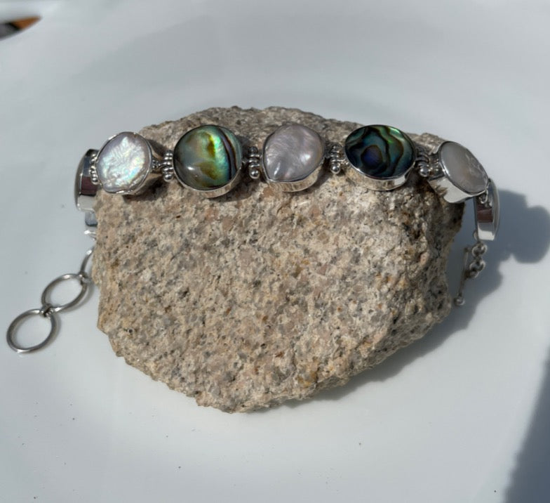 Silver Abalone and Mother-of-Pearl Bracelet Adjustable