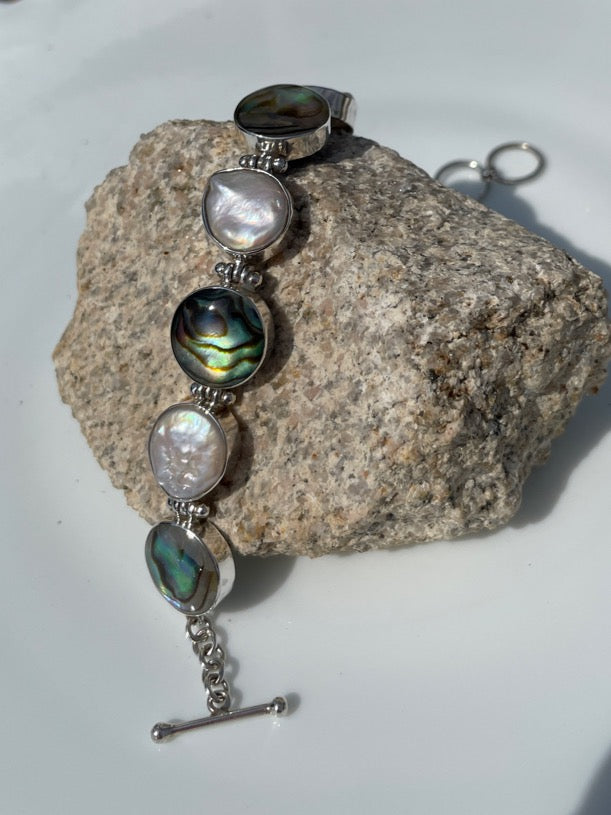Silver Abalone and Mother-of-Pearl Bracelet Adjustable