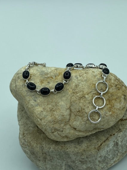Oval Onyx Silver Bracelet-cabochon Set in Sterling Silver one of a kind