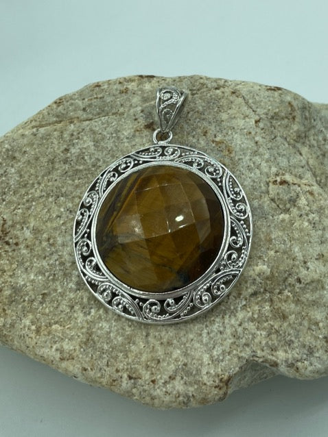 Tiger's Eye Faceted Sterling Silver Pendant - Round - one of a kind