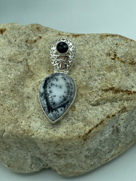 Dendritic opal and Onyx Sterling Silver Pendant