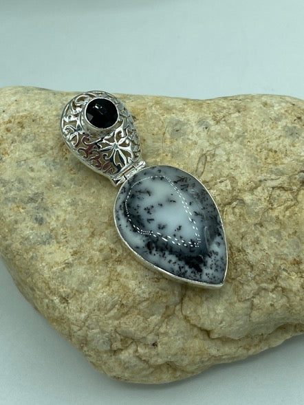 Dendritic opal and Onyx Sterling Silver Pendant