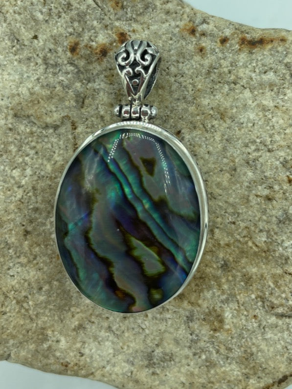 Abalone or Red Coral double sided Sterling Silver Pendant