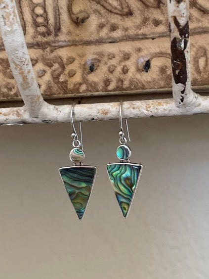 Abalone sterling silver drop pierced earrings.  Two pieces of abalone, a round small circle on top of an upside down triangle. The earrings hang a bit over 1".