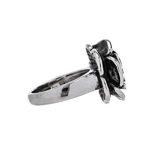 Designer Stainless Steel Rose Ring. Sizes 5-10. This ring will not tarnish or dent. There is a bracelet to match as well as rose flower earrings and rose flower pendants. Ring pictured on it's side.