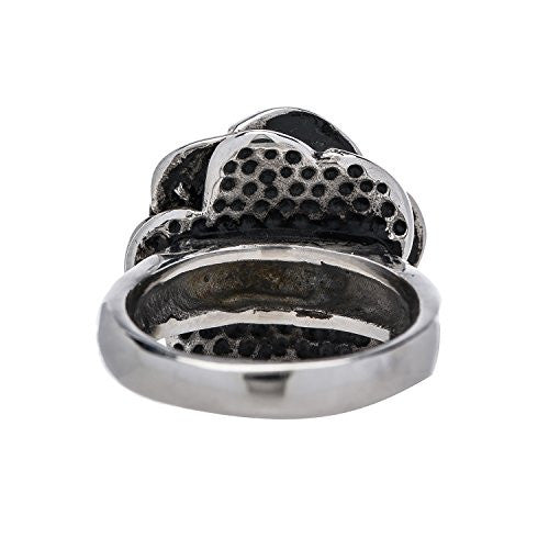 Designer Stainless Steel Rose Ring. Sizes 5-10. This ring will not tarnish or dent. There is a bracelet to match as well as rose flower earrings and rose flower pendants. Pictured from the back of the ring.