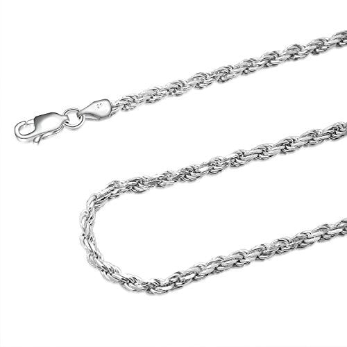 925 Sterling Silver 3MM Rope Chain - Nickel Free Italian Crafted Necklace for Women and Men 16 - 36"