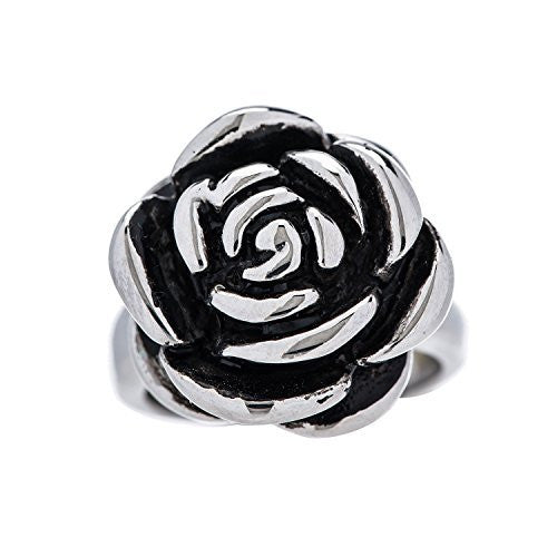 Designer Stainless Steel Rose Ring. Sizes 5-10. This ring will not tarnish or dent. There is a bracelet to match as well as rose flower earrings and rose flower pendants. Front of ring pictured here.