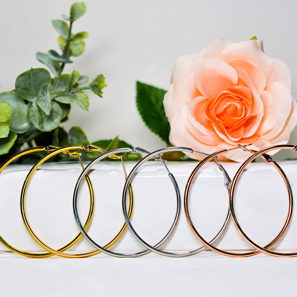 Stainless Steel Thin Hoop Earrings 30,40,50,60,or 70MM Silver, Gold and Rose Gold: SET OF 3
