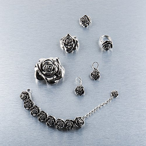 Stainless steel rose set, bracelet 6"-9". Three sizes of pendant, earrings and the rose ring. This set will not tarnish or dent.