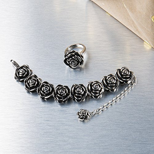 Stainless steel rose flower ring pictured with the stainless steel rose flower bracelet which adjusts from 7"-9".