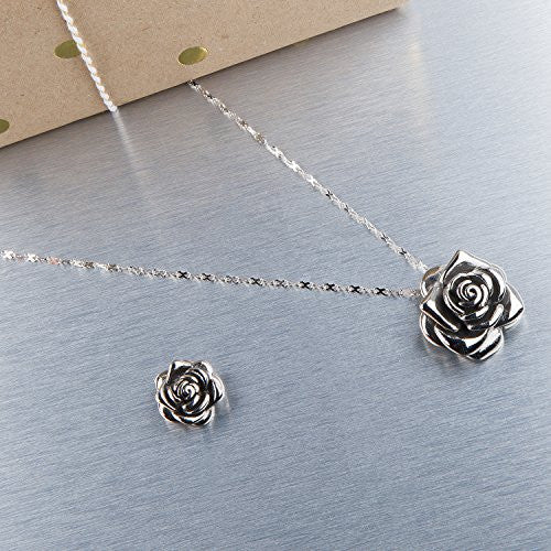 The medium and small stainless steel rose pendants on our infinity ribbon stainless steel chain. Medium pendant is about 11/4" long and the small pendant is about 1" long.