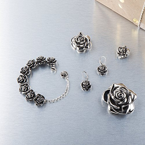 Stainless Steel Rose flower set. Earrings, 3 sizes of pendant and a bracelet that adjusts from 7"-9". There is a ring to match.