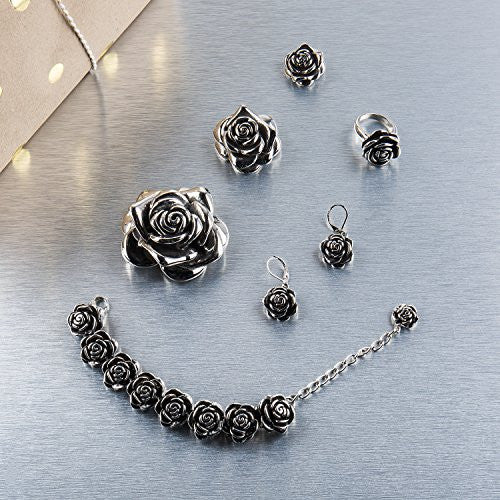 Stainless Steel Rose jewelry set. Earrings, bracelet, ring, and 3 different size pendants, 1", 1.5" and about 2.25 inches for the size of the 3 pendants.