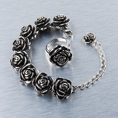 Stainless steel rose flower ring pictured with the stainless steel rose flower bracelet which adjusts from 7"-9".