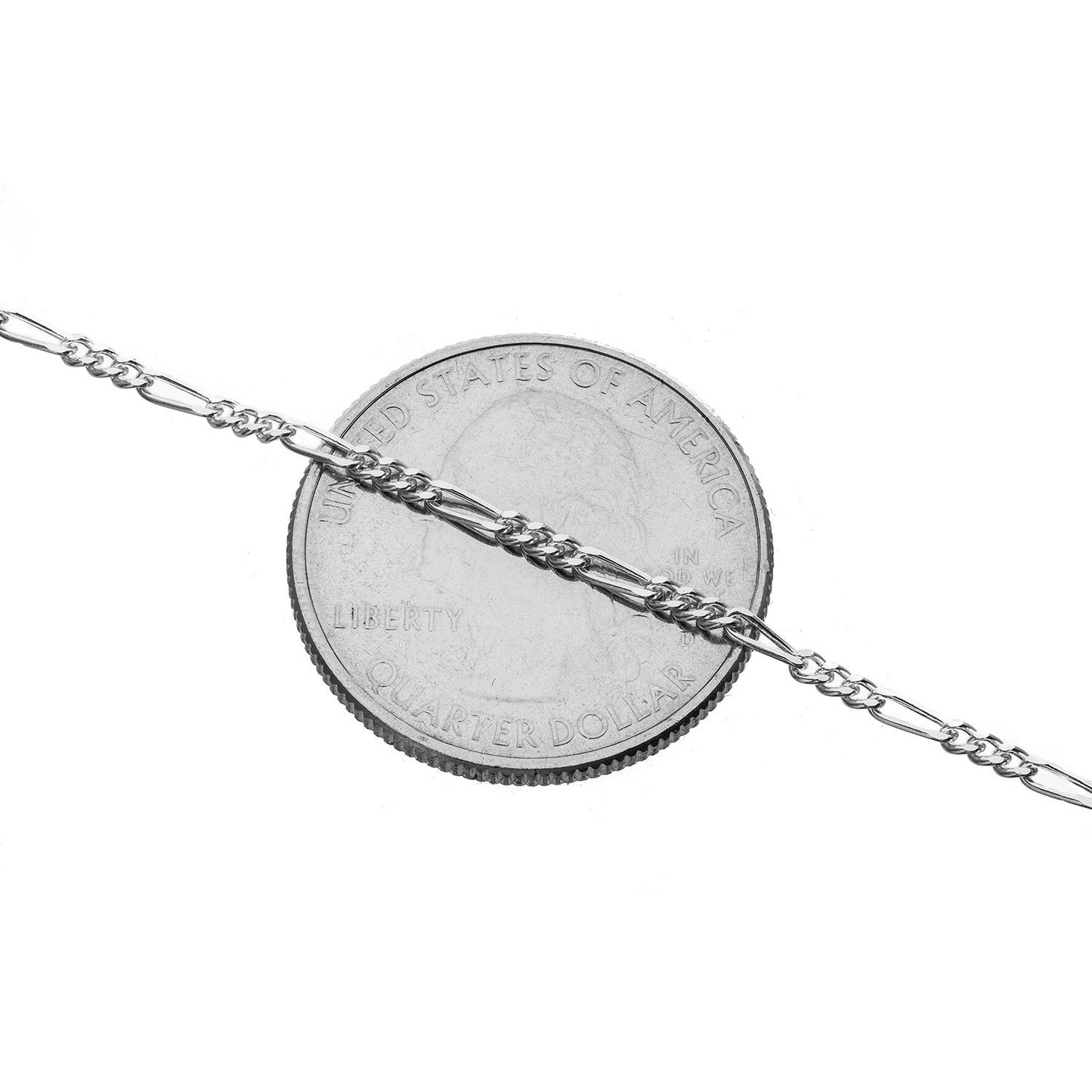 1.8MM Sterling Silver Figaro Chain For Men and Women. Perfect for pendants. Lobster claw clasp. Displayed over a quarter to show you the size of the link.
