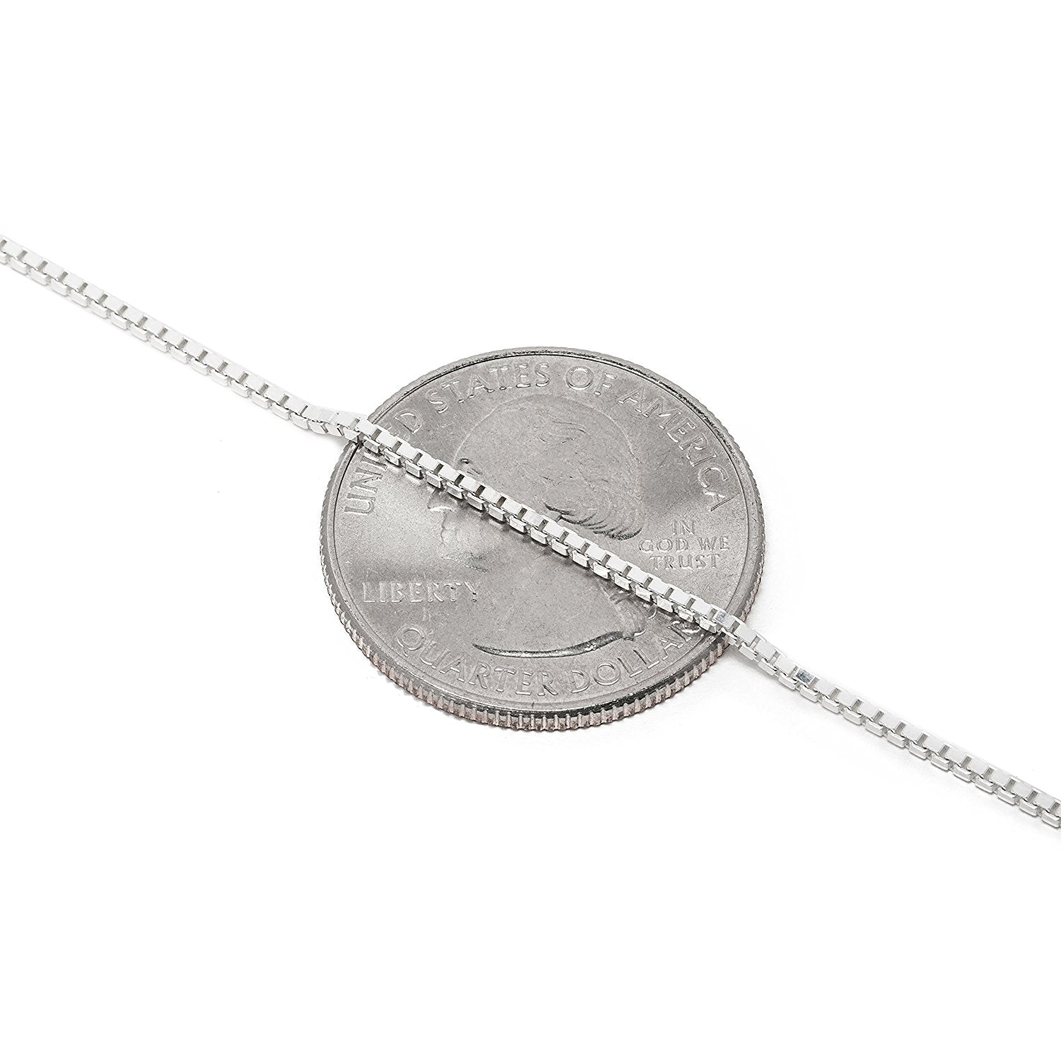 1.5MM Sterling Silver Box Chain with Lobster Claw Clasp. Displayed over a quarter.