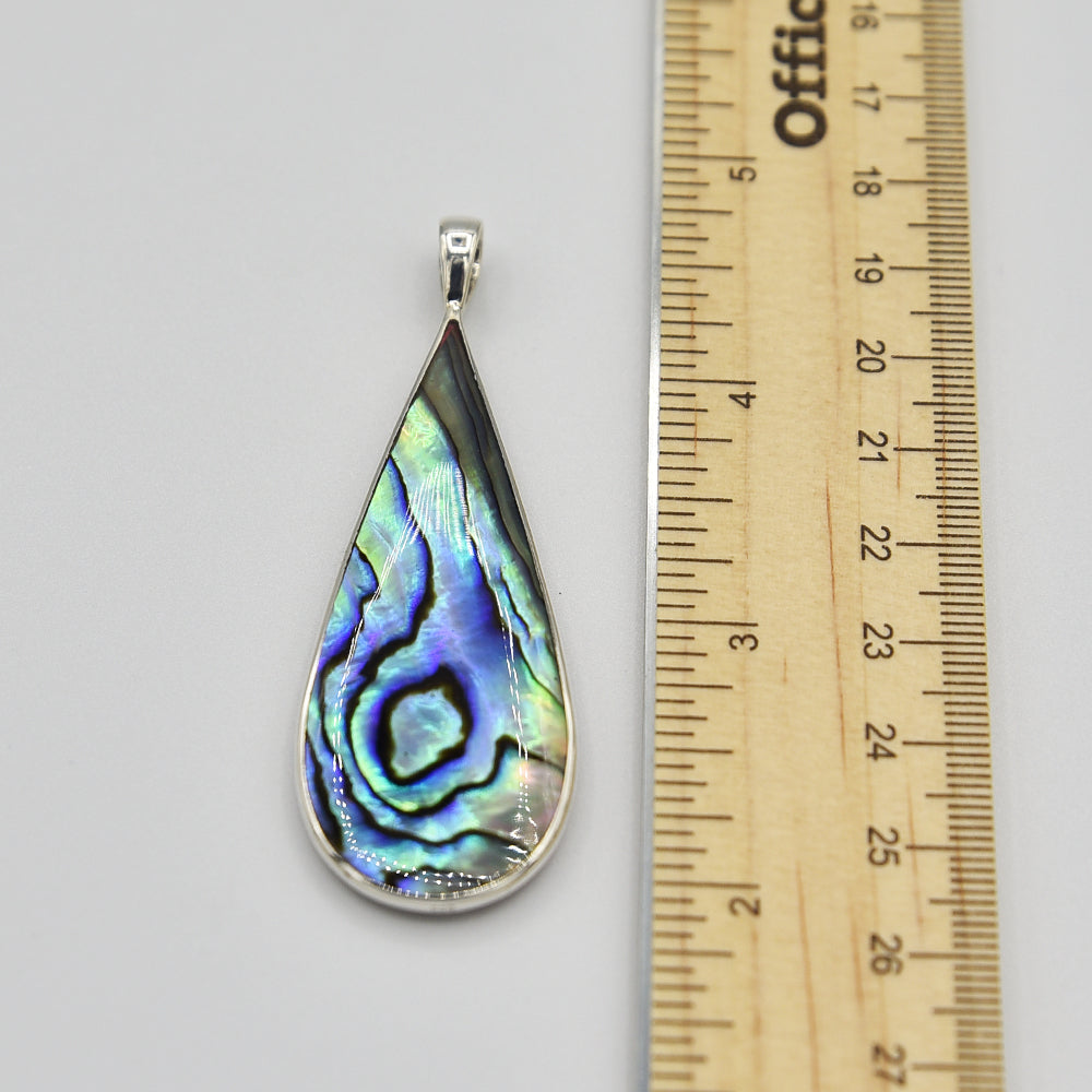 Abalone or Coral Double Sided Sterling Silver Pendant. Red coral on one side, abalone on the other. Two pendants on one. Long tear shape. 2'. Two inches long.