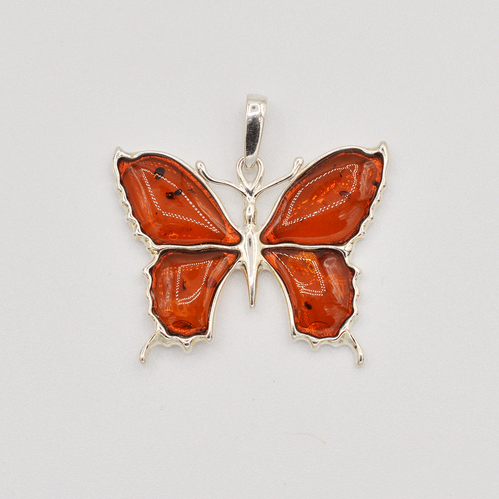 Sterling Silver Cognac Amber Butterfly Pendant