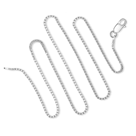 1.5mm sterling silver box chain 16"-36". This is a perfect chain for most pendants. A very strong chain.