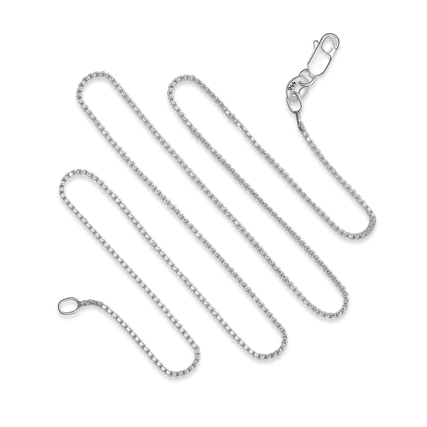 1MM Sterling Silver Box Chain with Lobster Claw Clasp 16"-30" perfect for pendants. this is a strong chain and one of the very most popular chains.