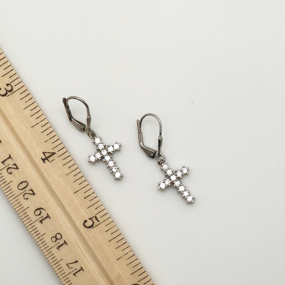 Rhodium Plated Sterling Silver CZ Cross Earrings