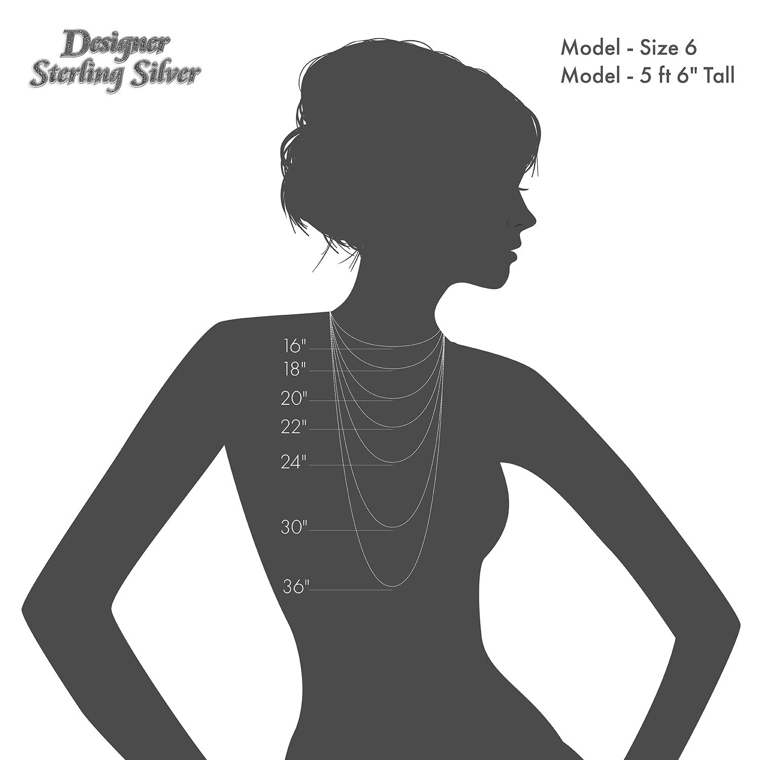 Silhouette of a woman wearing chains and showing where chains fall. An example, a 16" chain is for a very thin woman. 