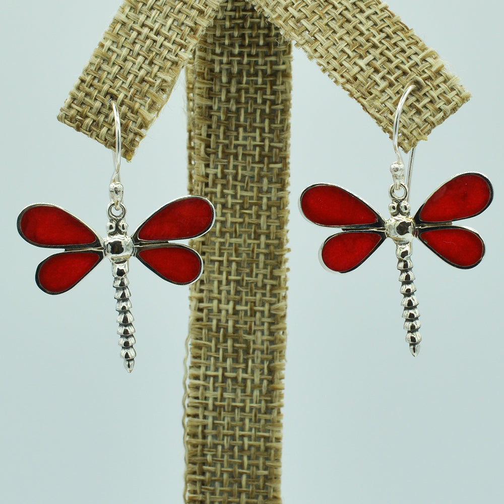 Red Coral Sterling Silver Dragonfly Earrings