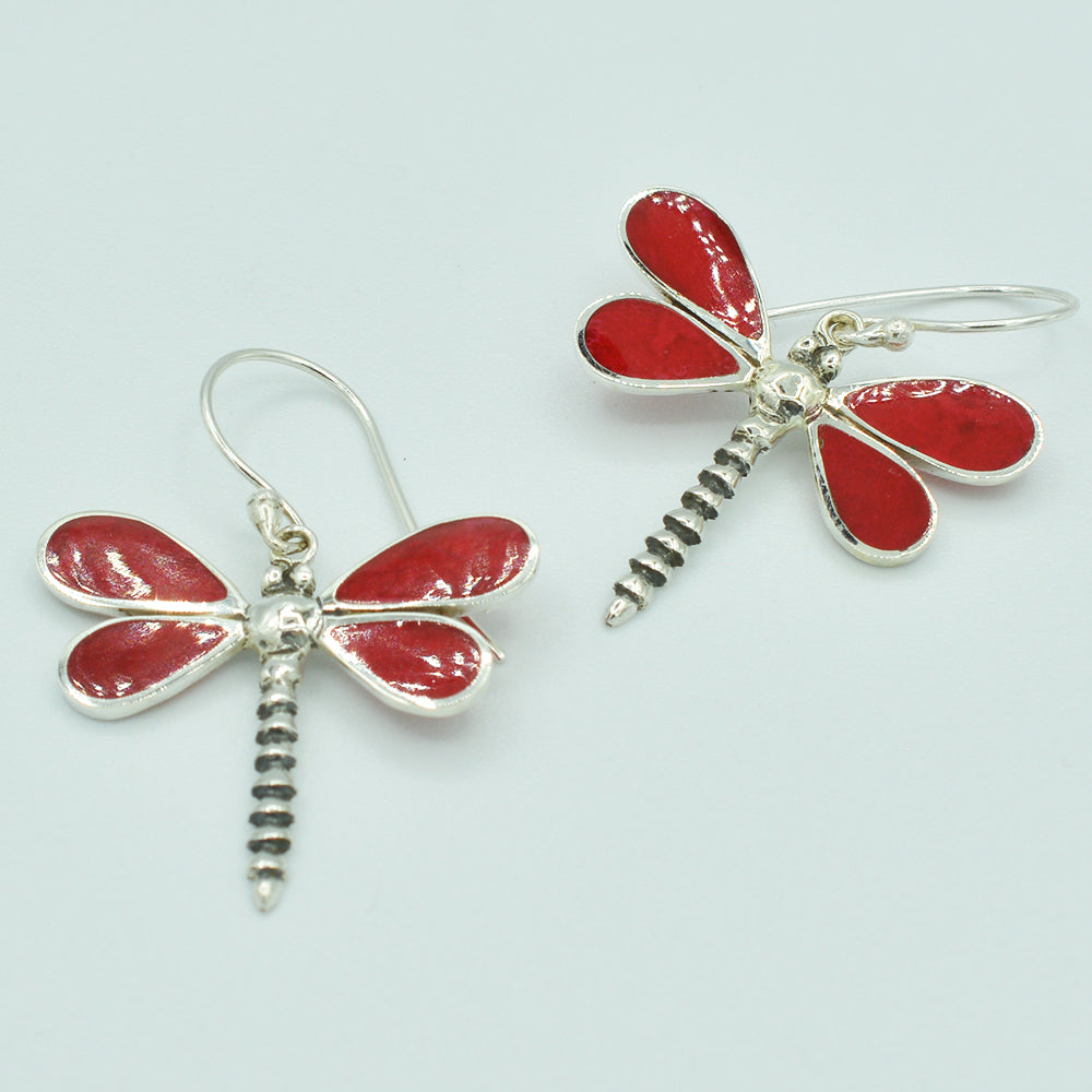 Red Coral Sterling Silver Dragonfly Earrings