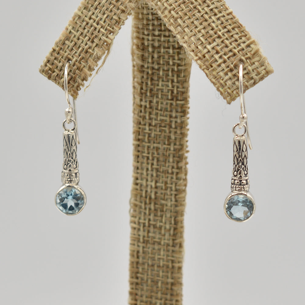 Blue Topaz Sterling Silver Earrings, semi-precious blue topaz. Pierced fish hook earrings. 11/4 inch long.
