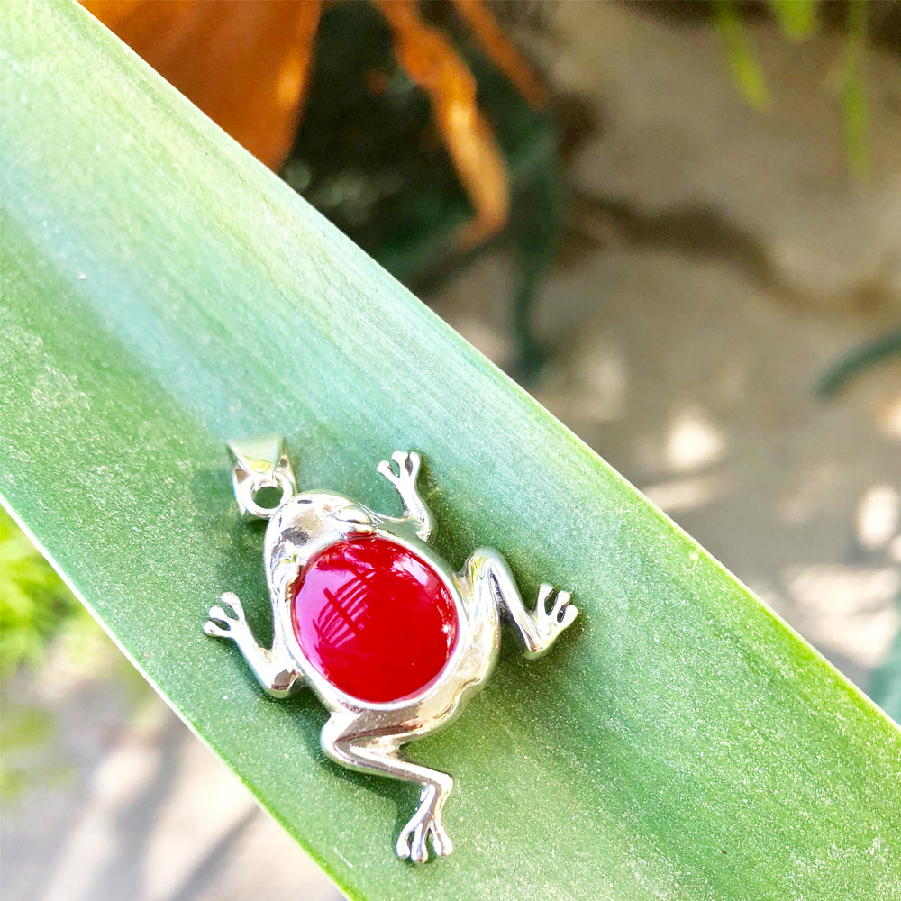Red Coral Sterling Silver Frog Pendant