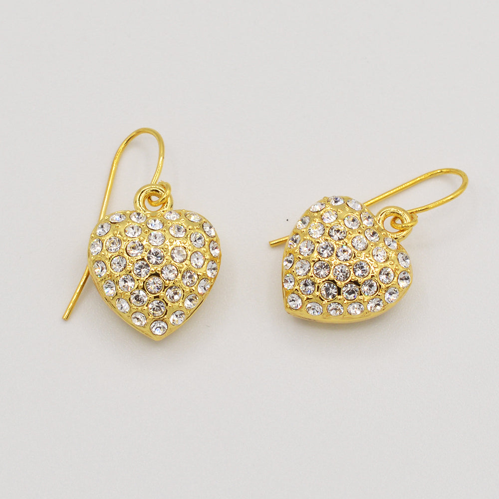 Clear Crystal Pave' Heart Earrings - Gold Plated