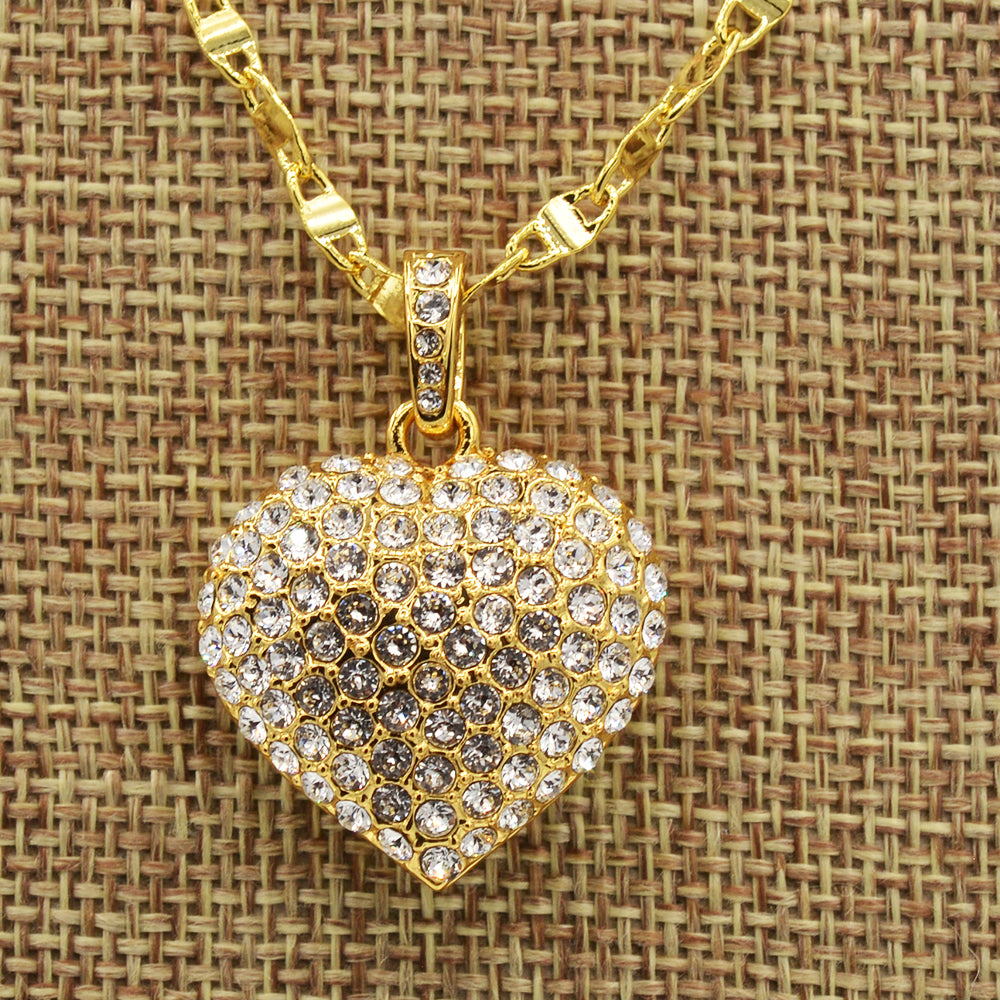 Clear Crystal Pave' Puffed Heart Pendant -  Gold Plated