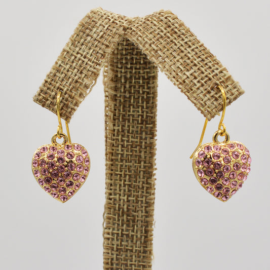 Pink Crystal Pave' Heart Earrings - Gold Plated