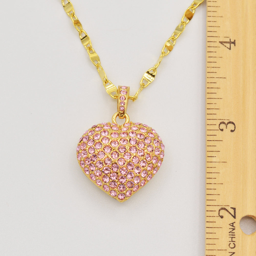 Pink Pave' Crystal Puffed Heart Pendant - Gold Plated