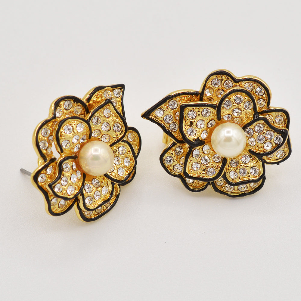 Crystal Pearl Rose Earrings - Gold or Rhodium Plated
