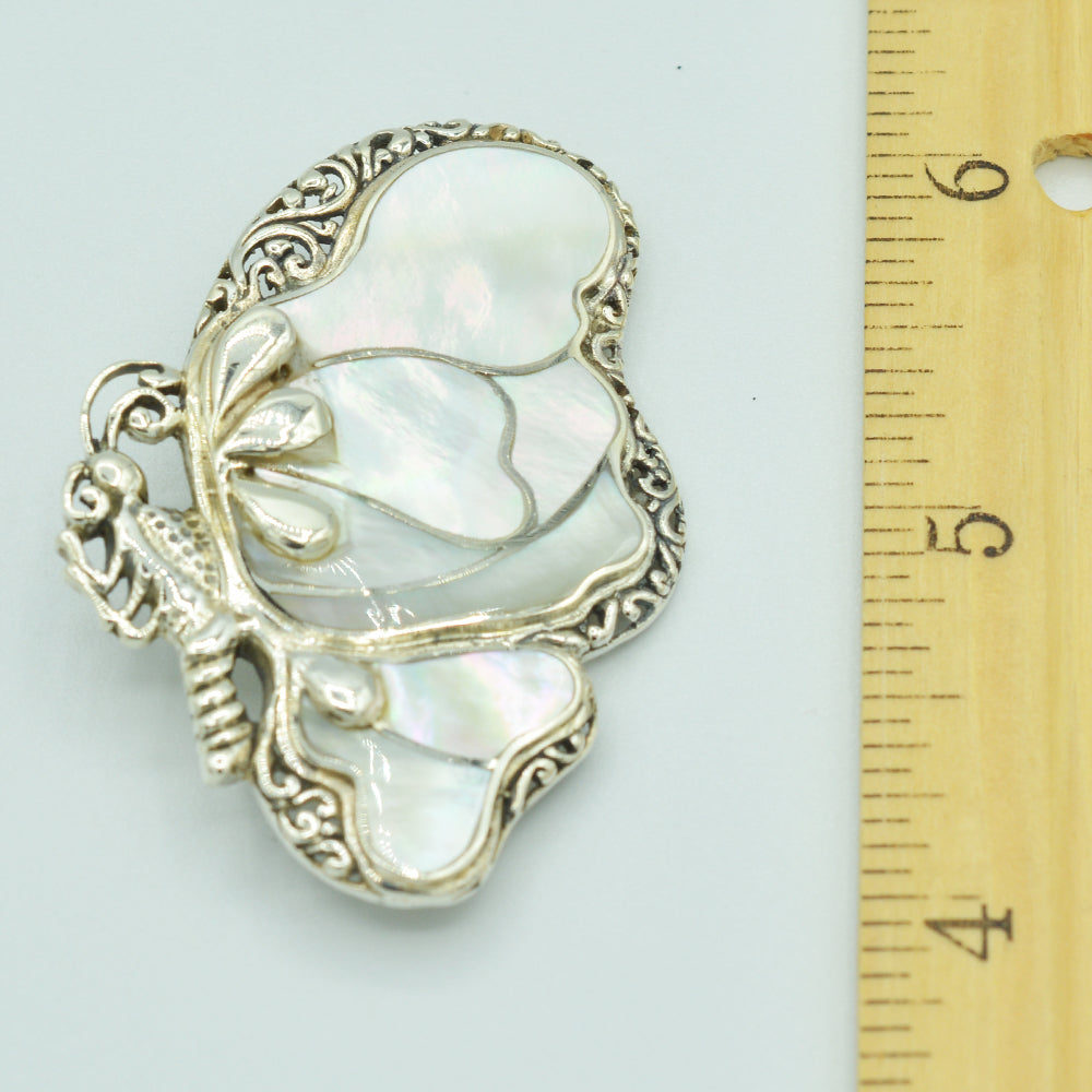 Large Butterfly Sterling Silver Pendant which can also be worn as a Brooch or a Pin - Available in Inlaid Mother-of-Pearl or Inlaid Abalone
