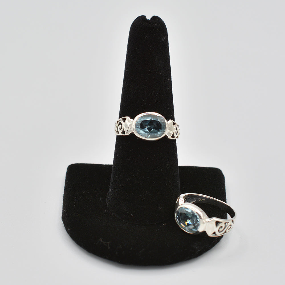 Semi-precious Blue Topaz Sterling Silver Ring, sideways oval shape stone. Size 6 and size 9