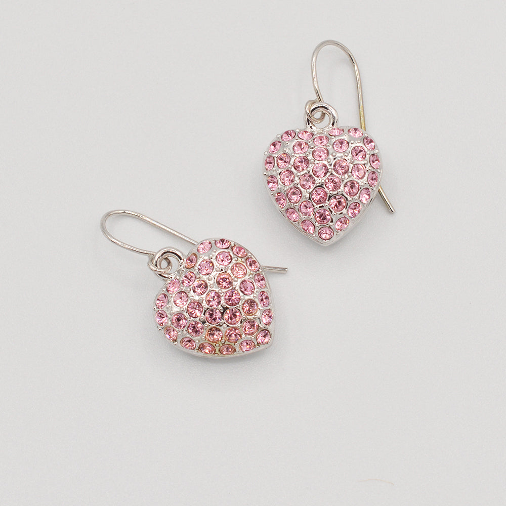 Pink Crystal Pave' Heart Earrings - Rhodium Plated
