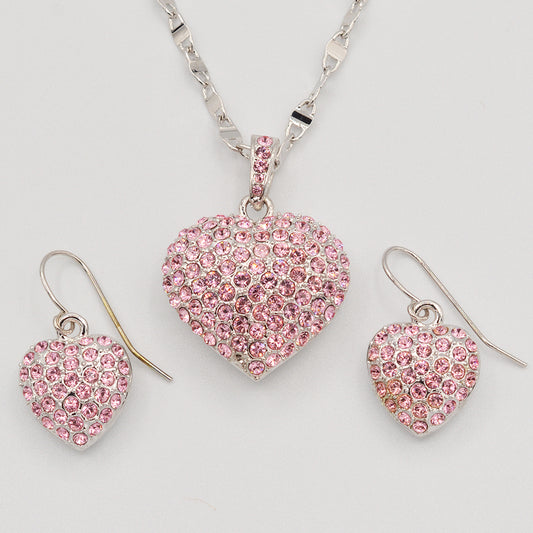 Pink Crystal Pave' Puffed Heart Pendant -  Rhodium Plated