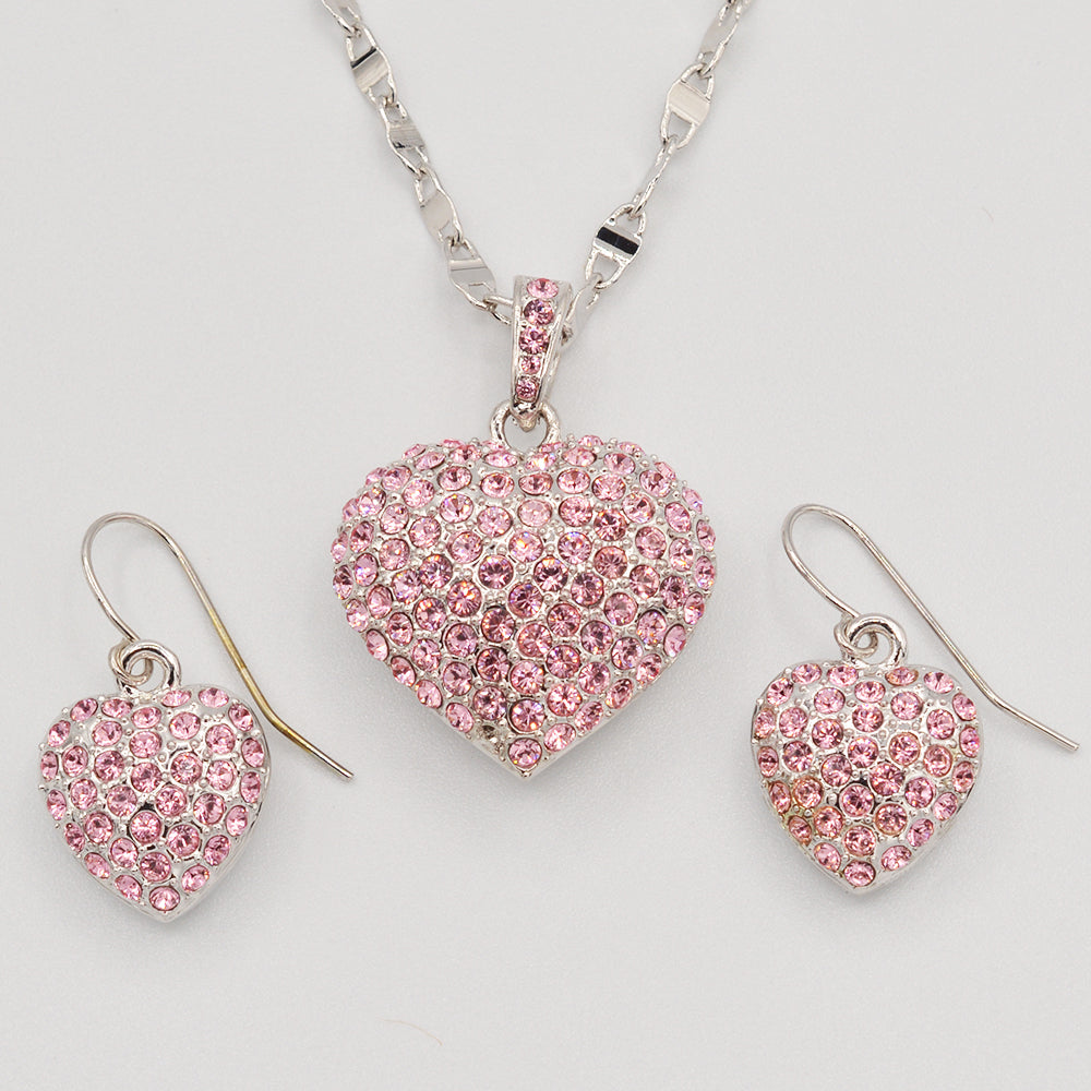 Pink Crystal Pave' Heart Earrings - Rhodium Plated